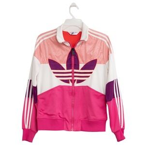 Adidas Sz L Track Jacket Pink Purple Colorblock Trefoil 80s Retro Y2K BarbieCore